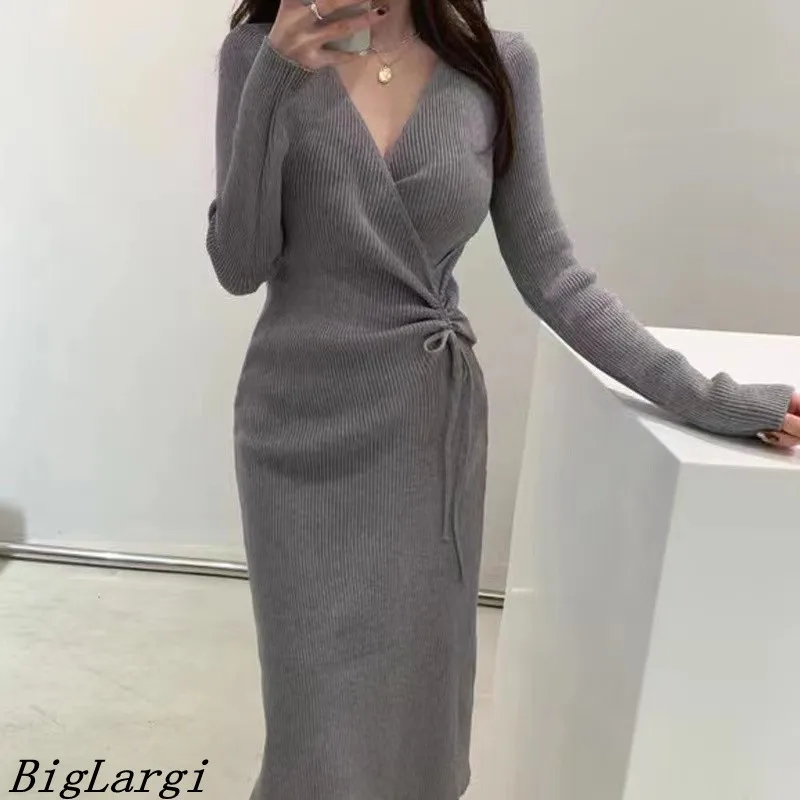 Top Trends: 2023 Sexy V-neck Bodycon Knitted Dress Women Pleated Korean Cotton Dress Office Chic Elegant Ladies Dresses Casual Vestidos Shoppable Styles