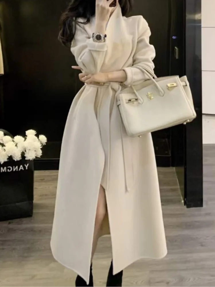 Top Trends: Winter Women Elegant Casual Woolen Coat Fashion New Vintage Loose Outerwear Jackets With Belted Female Chic Solid Overcoats Shoppable Styles