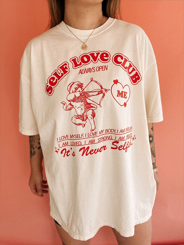 Top Trends: Self Love Club Always Open Cupid's Arrow Female Cotton Short Sleeve Personality Street Retro Tops Casual All-math Womens T-Shirt Shoppable Styles