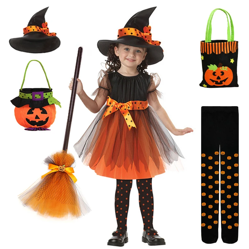 Top Trends: Children Girls Halloween Cosplay Witch Costume Teens Baby Girl Gown Infant Witch Dress Clothing Set Hat Pumpkin Bag Pantyhose Shoppable Styles