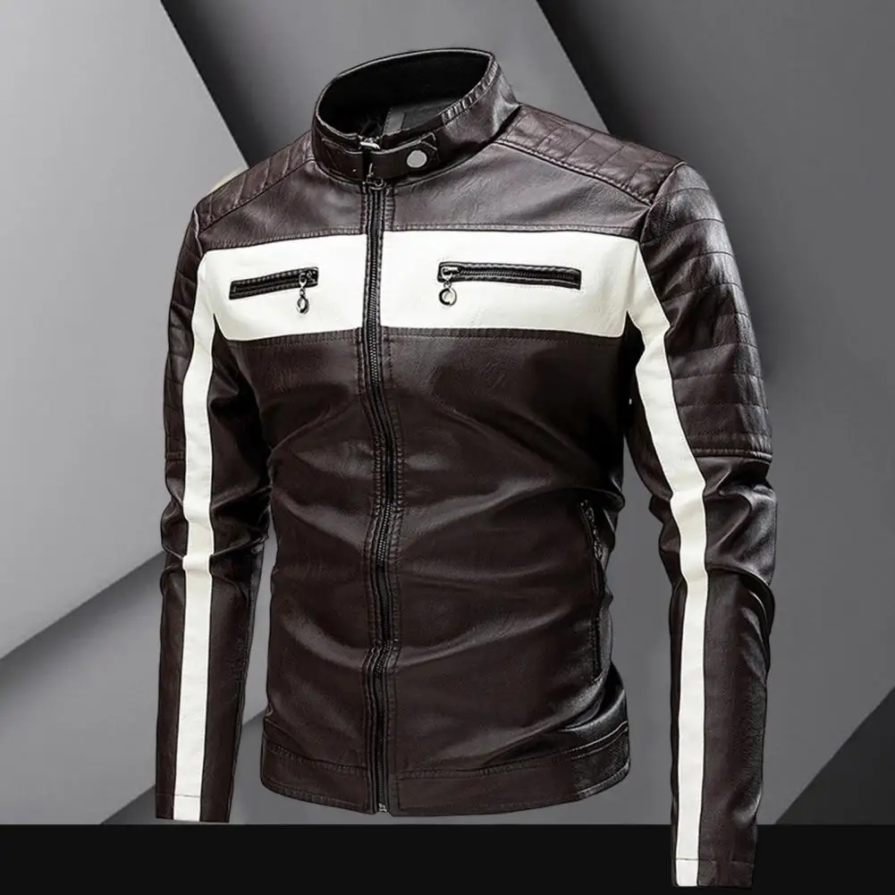 Top Trends: Men Jacket Color Block Slim Windproof Faux Leather Stand Collar Outerwear For Working Shoppable Styles