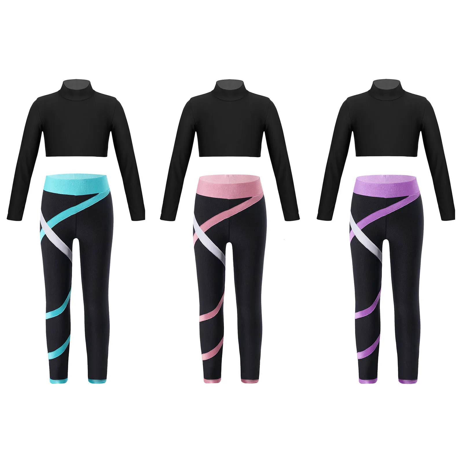 Top Trends: Kids Girls Sports Wear Long Sleeves Stretchy Skinny Crop Tops With Colorblock Leggings Set For Gym Yoga Figure Skating Workout Shoppable Styles