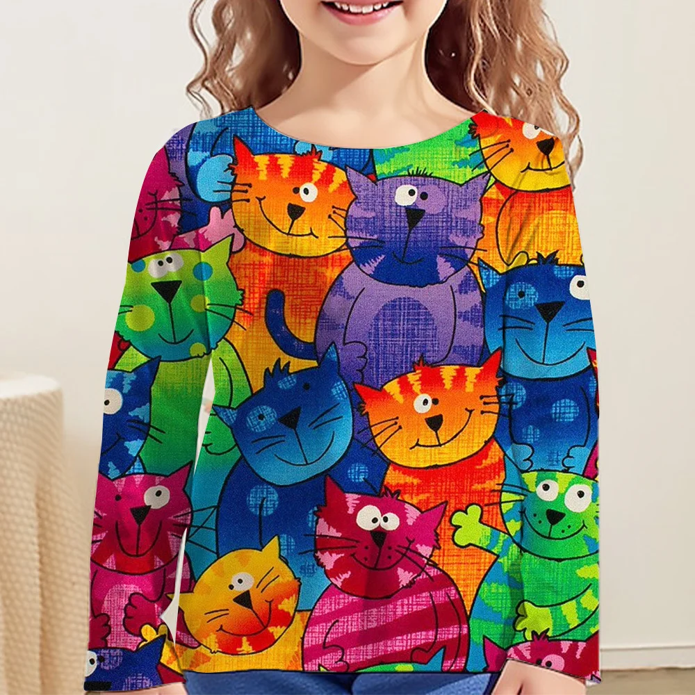 Top Trends: Children's Clothing For Girls Cartoon T-Shirts For Kids 2023 Autumn Long Sleeve Teenagers 10 Year Old Fashion Tops Cat Tee Shirt Shoppable Styles