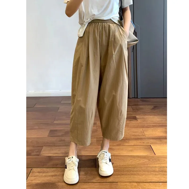 Top Trends: Summer New Thin Solid Color Loose Harem Pants Elastic Waist All-match Plus Size Cropped Pants Casual Fashion Women Clothing Shoppable Styles