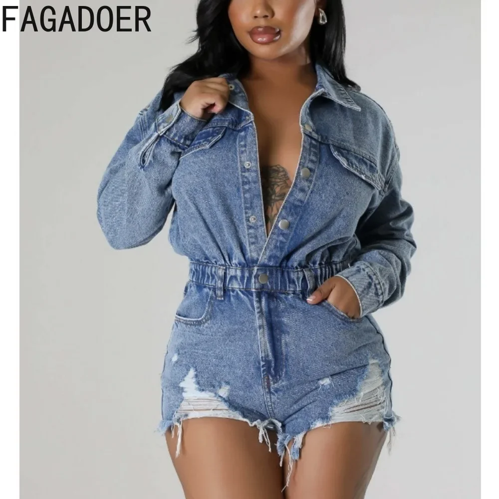 Top Trends: FAGADOER Fashion Quality Cotton Stretchy Denim Rompers Women Turndown Collar Long Sleeve Slim Jumpsuits Csaual Cowboy Playsuits Shoppable Styles