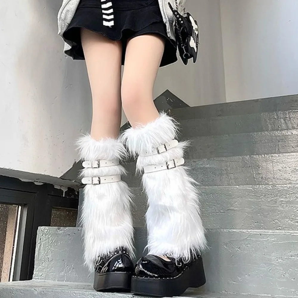 Top Trends: PU Leather Buckle Leg Warmer Winter Warm Plush Leg Cover Mid Sleeve JK Calf Socks Imitation Fur Y2K Long Socks Shoppable Styles