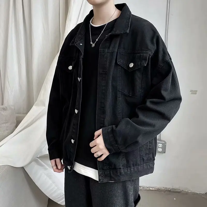 Top Trends: Black Denim Short Jacket Men Turn Down Collar Bomber Jacket Jeans Coats Casual Pockets Overalls Streetwear Man Clothing Outwear Shoppable Styles