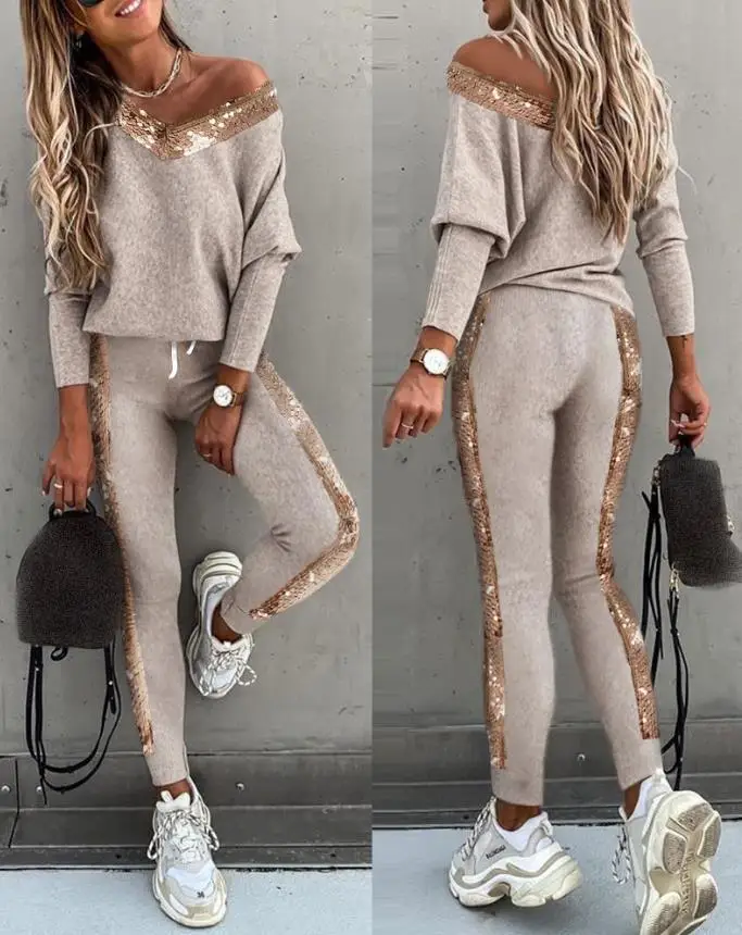 Top Trends: Tow Piceses Outfits For Women 2023 Casual Sequins Long Sleeve Round Neck Top &amp; High Waist OTTD Sporty Skinny Pants Set Shoppable Styles