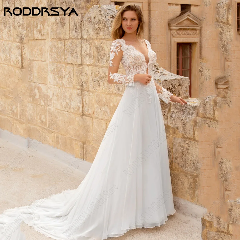 Top Trends: RODDRSYA Elegant Wedding Dress With Long Sleeves V-Neck Backless Bride Gowns Chiffon A-Line Lace Applique Vestidos De Novia Shoppable Styles