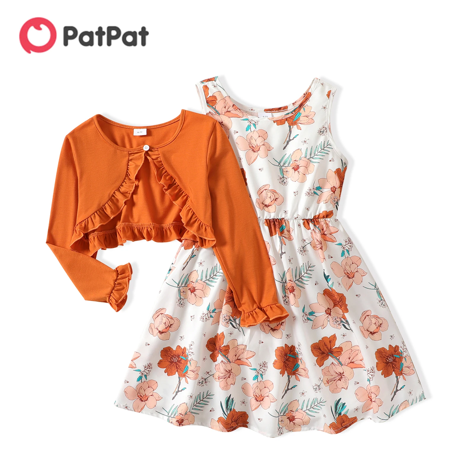 Top Trends: PatPat 2pcs Girl Kids Dress Girls&#039; Dress Sets Floral Print Sleeveless Dress And Ruffled Long-sleeve Orange Cardigan Set Dresses Shoppable Styles