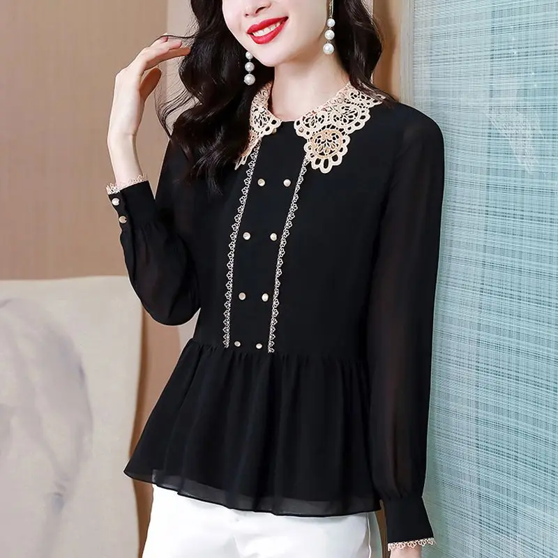 Top Trends: Elegant Lace Spliced Turn-down Collar Shirt Spring Autumn New Long Sleeve Female Clothing Fashion Solid Color Button Slim Blouse Shoppable Styles