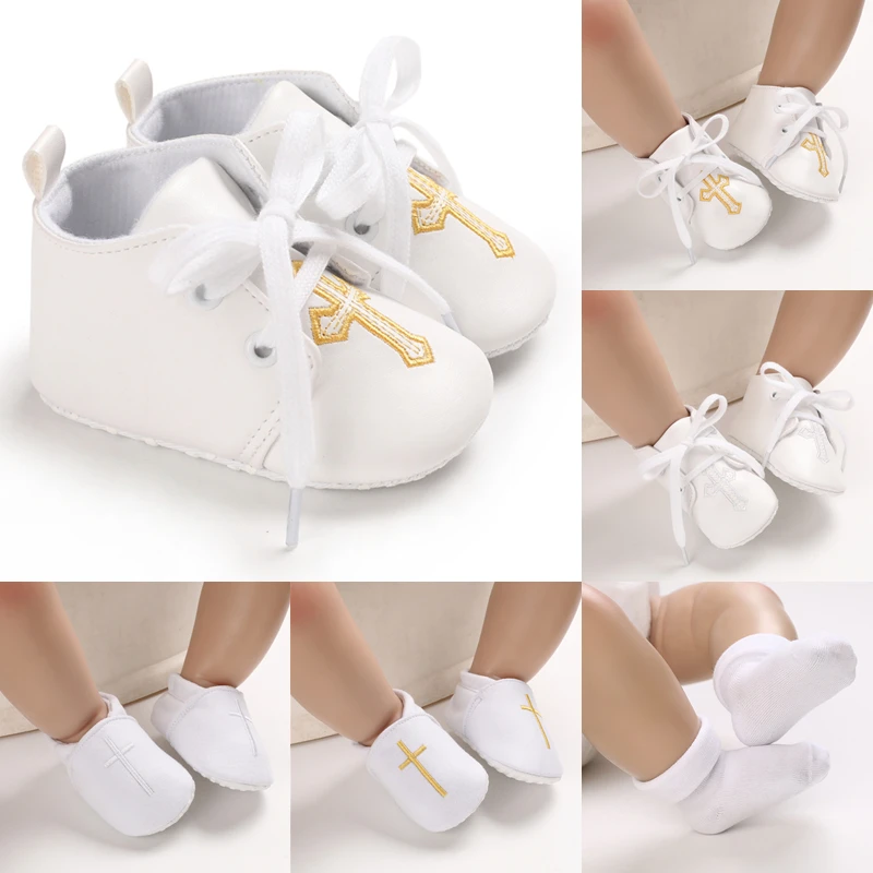 Top Trends: Newborn Baby Shoes Comfortable Breathable Cross Embroidered Baptism Shoes Boy And Girl Non Slip Cloth Soled First Walking Shoes Shoppable Styles