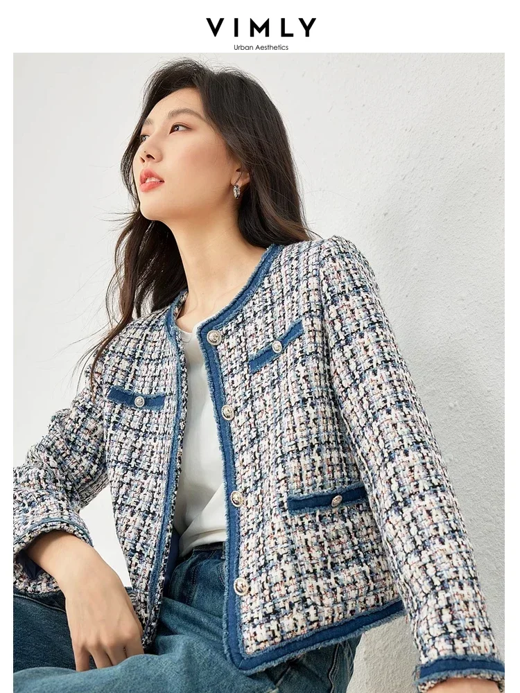 Top Trends: Vimly Plaid Tweed Cropped Jacket For Women 2024 Spring Patch Denim Design Elegant Fashion Lady Short Coat Female Outerwear M3288 Shoppable Styles