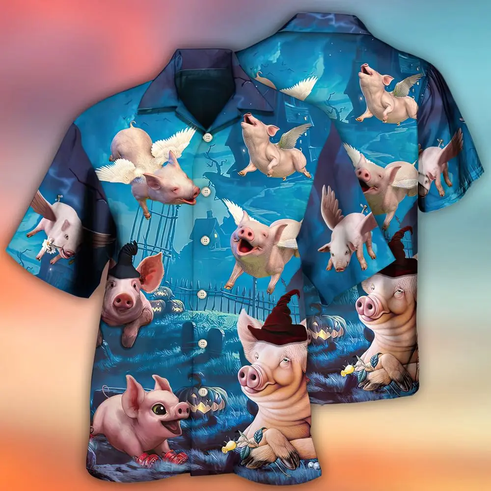 Top Trends: Funny Animal Hawaiian Shirt For Men Fly Pig 3d Print Summer Short Sleeve Shirt Beach Trip Oversized Men&#039;s Shirt Male Clothing Shoppable Styles