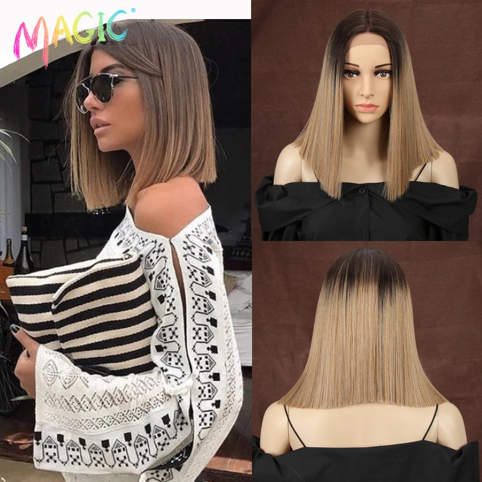 Top Trends: Magic Synthetic Lace Wig Straight Hair Wigs 14 Inch Bob Wig Ombre Blue Wigs For Black Women Heat Resistant Cosplay Wigs Shoppable Styles