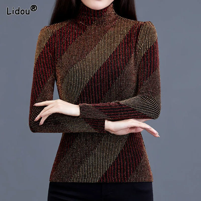 Top Trends: Striped Spliced Bright Silk Vintage Women Pullovers Dark Colors Turtleneck Autumn Winter High Strecth Female Clothing Slim Wild Shoppable Styles