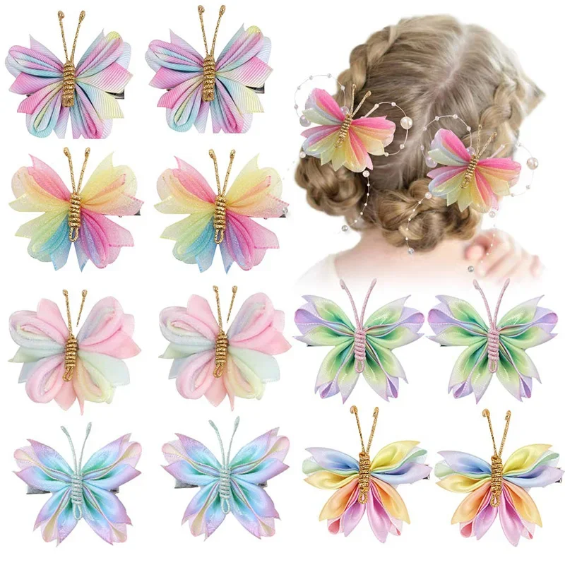 Top Trends: Ncmama 2Pcs / set Gradient Mesh Butterfly Hair Clips For Baby Girls Cute Flocking Hairpin Barrettes Kids Headwear Hair Accessories Shoppable Styles