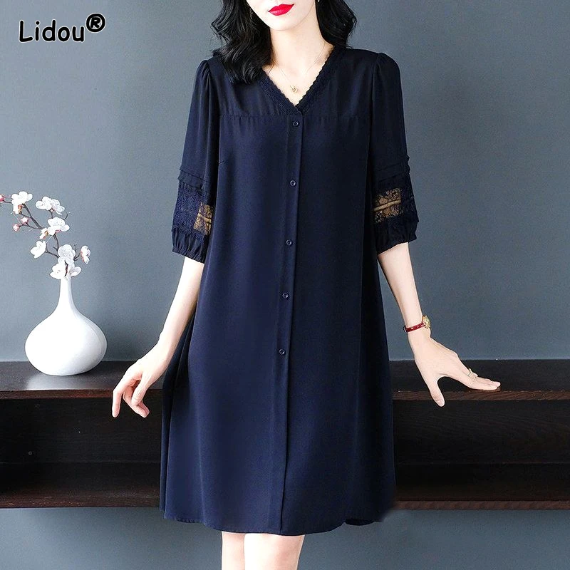 Top Trends: 2023 Summer Elegant V-neck Patchwork Lace Hollowed Out Solid Color Westernized Loose Casual Minimalist Women's Oversized Dress Shoppable Styles