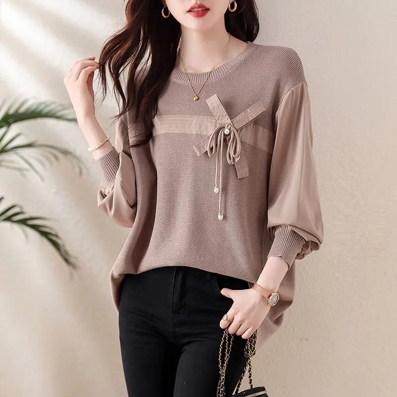 Top Trends: Spring Autumn Fashion Knitted Spliced Blouse Casual Round Neck Women&#039;s Clothing Korean Bow Drawstring Vintage Long Sleeve Shirt Shoppable Styles