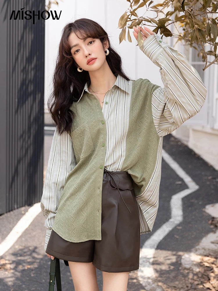 Top Trends: MISHOW Blouses Women Fashion 2023 Autumn Korean Knitted Patchwork Striped Turndown Collar Shirts Casual Female Tops MXB33C0551 Shoppable Styles