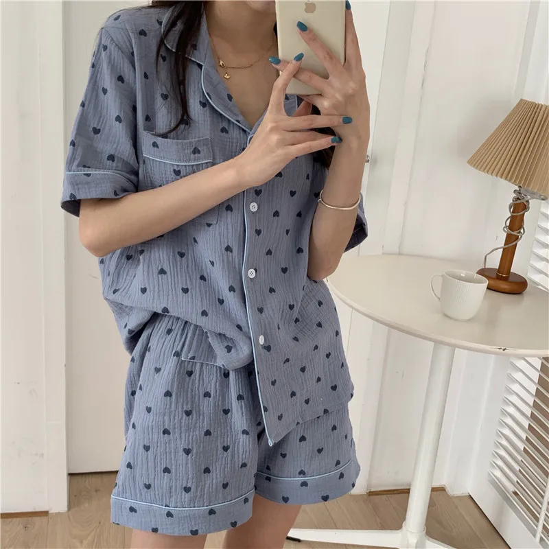 Top Trends: Lovely Heart Print Summer Pajamas Set Women Single Breasted Shirts + Shorts Set Two Piece Home Suit Cotton Sweet Kawaii Shoppable Styles