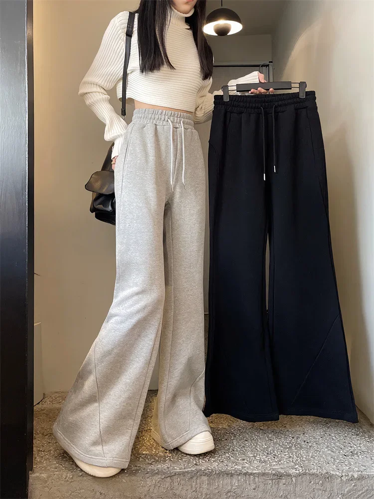 Top Trends: QWEEK Korean Fashion Fleece Sweatpants Women Y2K Basic Gray Flare Pants Oversized Vintage Winter Warm Black Joggers Trousers Shoppable Styles