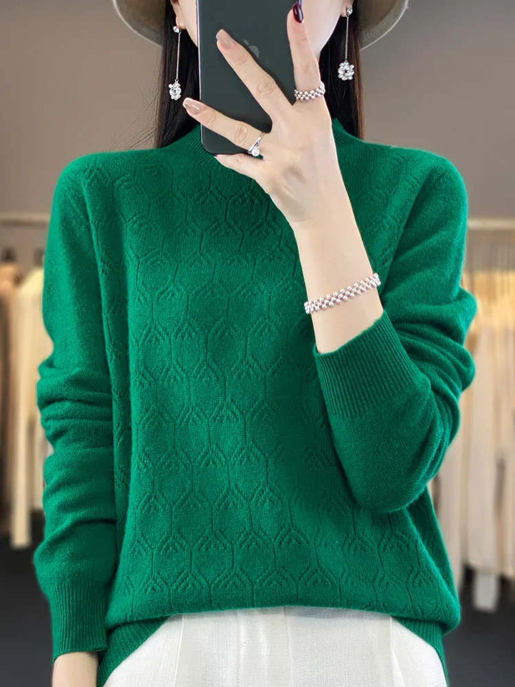 Top Trends: Women Autumn Sweater 100% Merino Wool Pullover Mock Neck Hollow Long Sleeve Cashmere Knitwear Female Clothing 2023 New Fashion Shoppable Styles