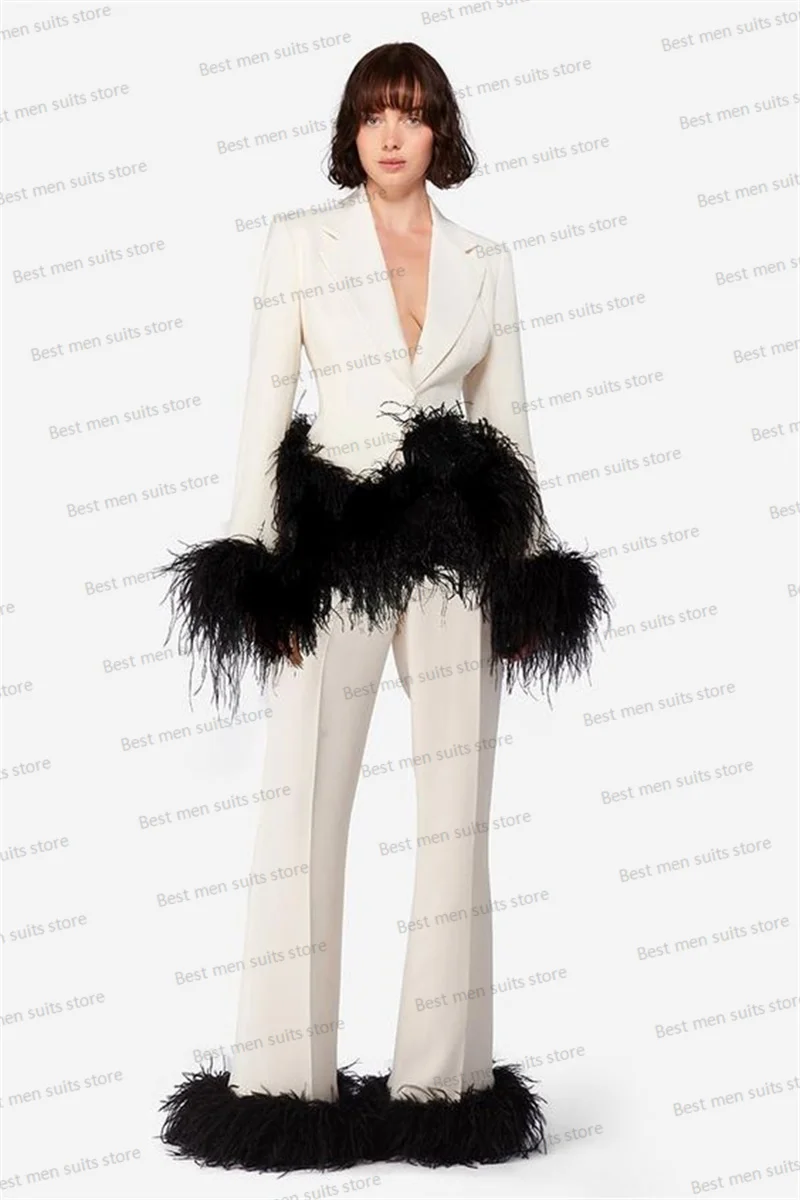 Top Trends: Ostrich Feather Puffy Women Pants Suit Set 2 Pieces Blazer+ Trousers Luxury Guest Party Jacket Wedding Prom Dress Custom Made Shoppable Styles