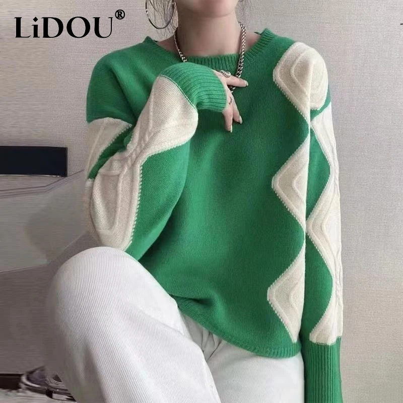 Top Trends: Autumn Winter O Neck Loose Casual Patchwork Sweater Ladies Fashion All-match Knitting Pullover Top Women Jumper Female Clothes Shoppable Styles