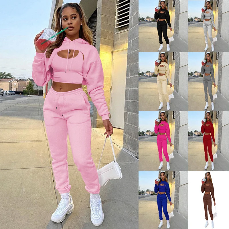 Top Trends: 2022 Women Three-piece Tracksuit Suit With Velvet Drawstring Solid Color Hooded Sweater Long-sleeve Drawstring Trousers And Vest Shoppable Styles