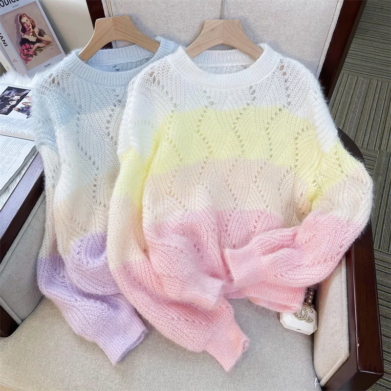 Top Trends: Knitted Pullover Women Sweater Jumper Spring Autumn Long Sleeved Top Loose Gradual Color Stripe Sweaters Female Clothes Shoppable Styles