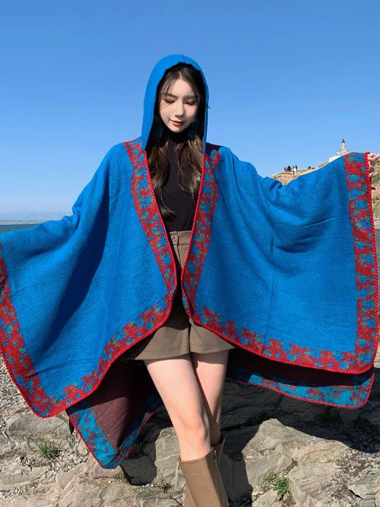 Top Trends: Poncho Woman Vintage Geometric Shawl Autumn And Winter Split Thermal Cape Hooded Outdoor Travel Cape Pashimina Shoppable Styles