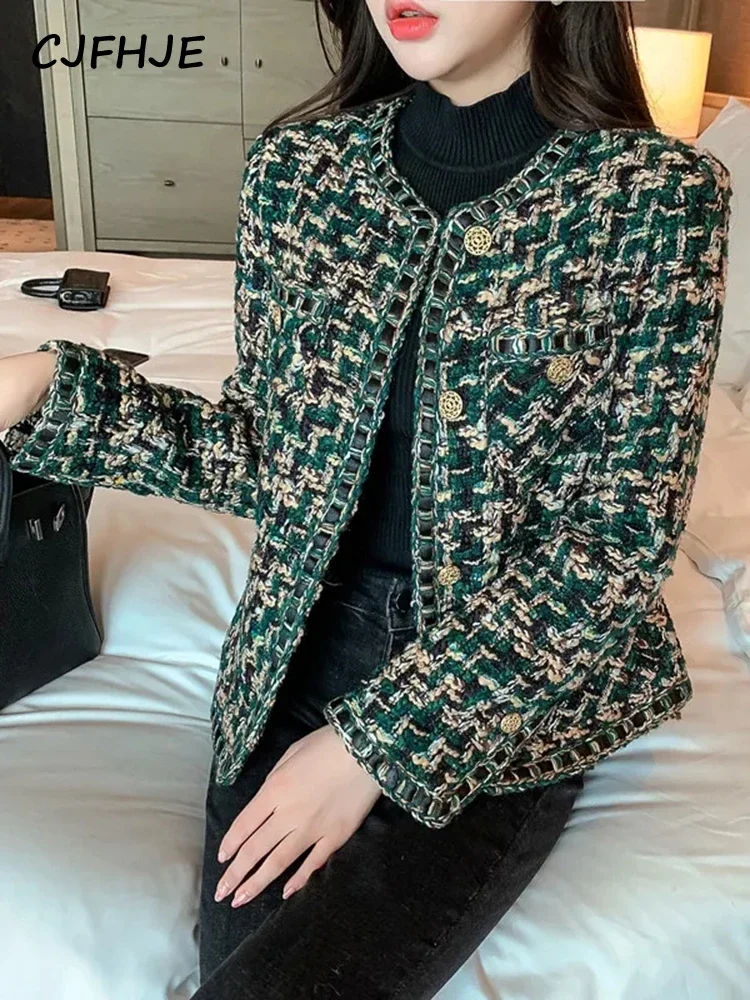 Top Trends: CJFHJE Harajuku Winter Tweed Suit Jacket Women Green Plaid O-Neck Long Sleeve Button Up High Street Vintage Elegant Lady Blazers Shoppable Styles