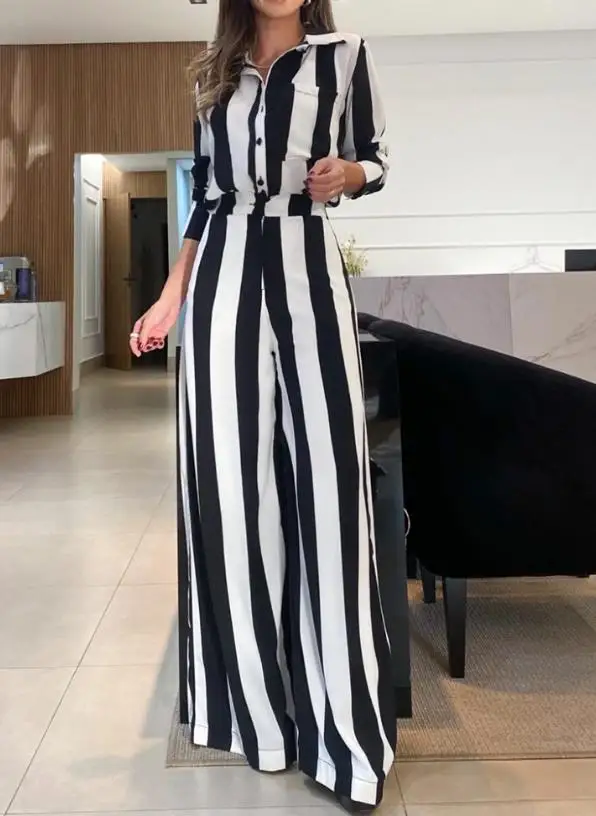 Top Trends: Two Piece Set Women Outfit 2023 Spring Fashion Striped Pocket Design Turn-Down Collar Long Sleeve Shirt & Wide Leg Pants Set Shoppable Styles