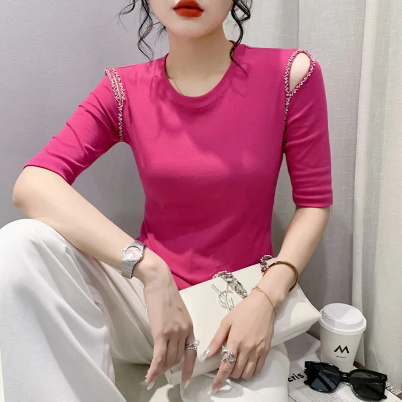 Top Trends: #6453 Black Blue Red Half Sleeve T Shirt Women Hollow Out Diamonds Sexy Tight T-shirt Female Korean Style Elastic Cotton O-neck Shoppable Styles