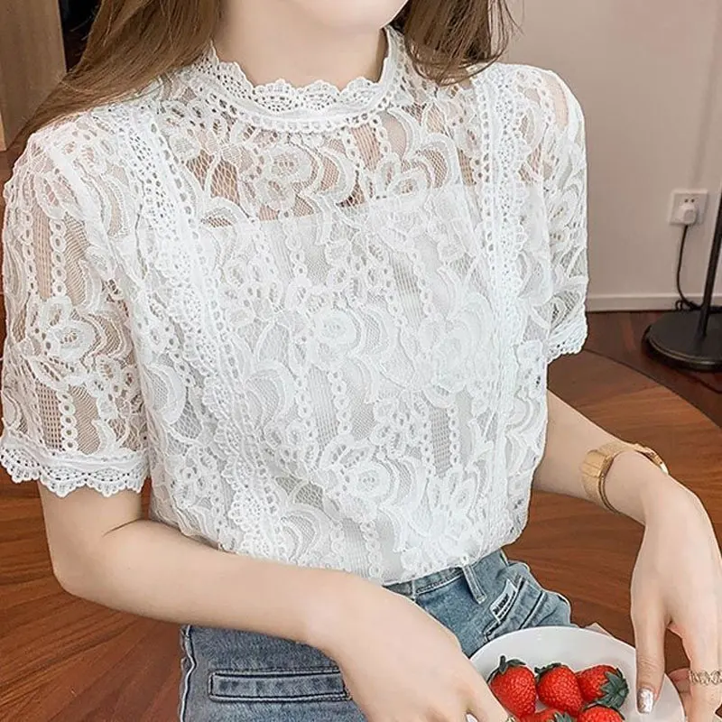 Top Trends: Elegant Lace Hollow Out Shirt Office Lady Summer Solid Color All-match Short Sleeve Fashion Stand Collar Straight Blouse 2023 Shoppable Styles - Image 6