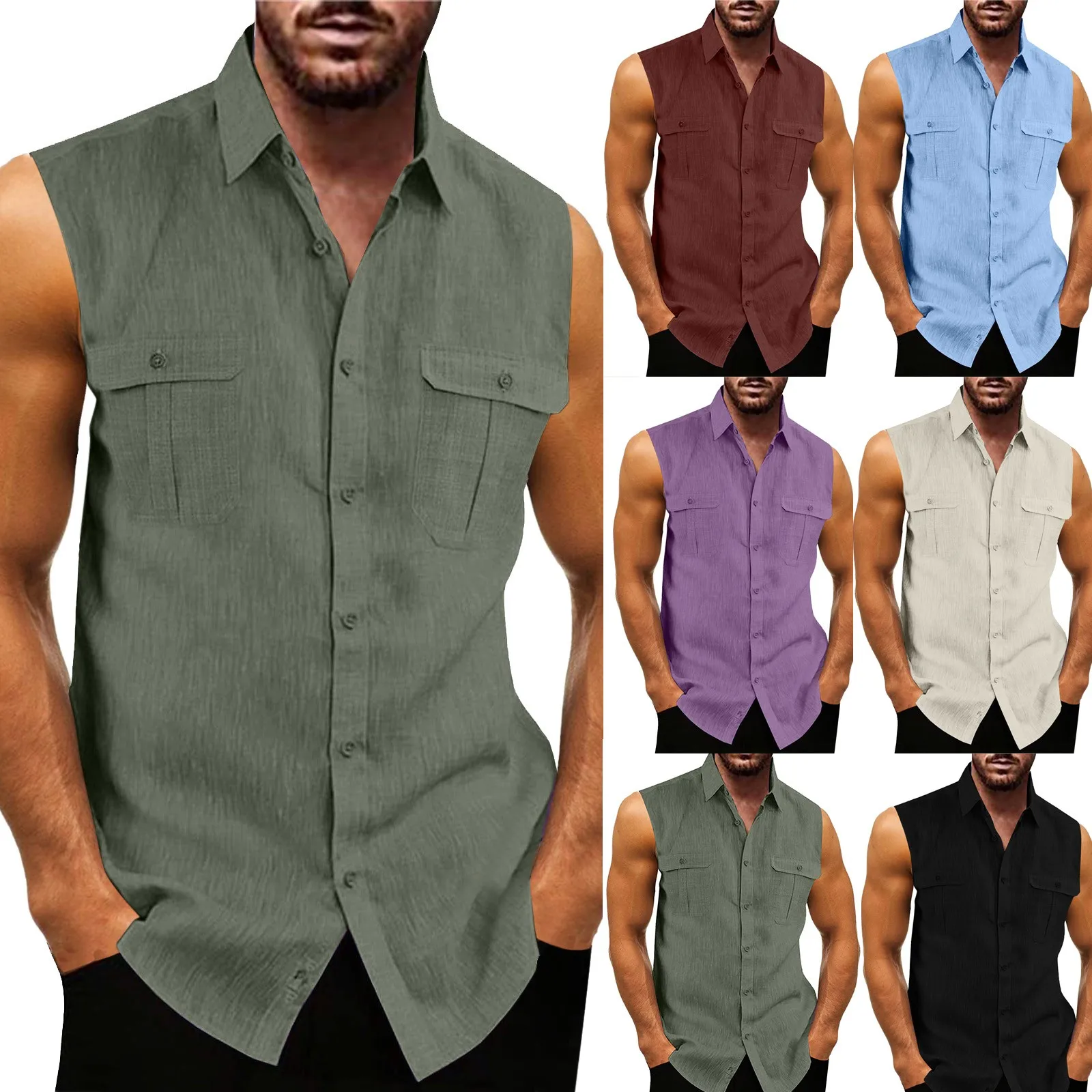 Top Trends: Summer Top Shirt Men Tank Top Turn Down Collar Sleeveless Shirts Pocket Imitation Linen Slim Fit Shirt For Men Summer Streetwear Shoppable Styles