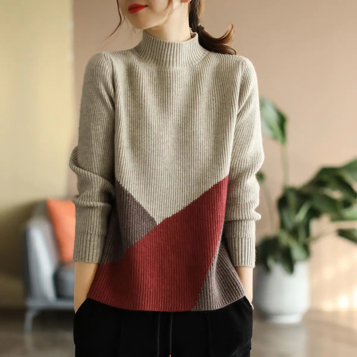 Top Trends: Autumn Winter Warm Panelled Vintage Sweaters Women&#039;s Clothing Long Sleeve Mock Neck Fashion Casual Loose Knitted Pullovers Tops Shoppable Styles