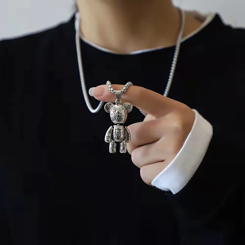 Top Trends: Fashion Cute Hip Hop Bear Pendant Necklace For Men &amp; Women Punk Wind Titanium Steel Sweater Chain Jewelry Set Lovers Gift Shoppable Styles