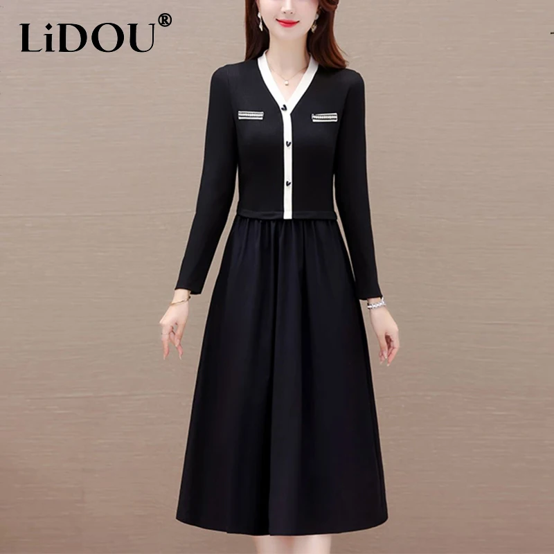 Top Trends: Autumn Winter Oversized V-neck Elegant Fashion Waist Black Dress Ladies Long Sleeve Fake Two Pieces Vestidos Female Casual Robe Shoppable Styles