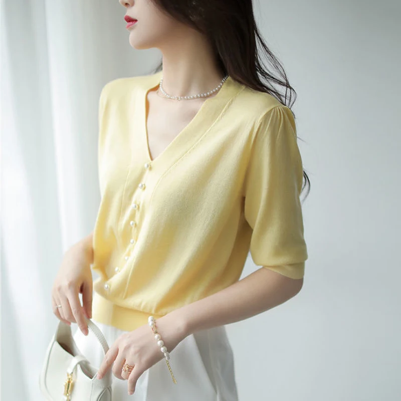 Top Trends: White Bead Knit Shirt V-neck Short Sleeve Blouse 2022 Korean Style Casual Shirt For Female Professional Elegant OL Clothing Shoppable Styles - Image 3