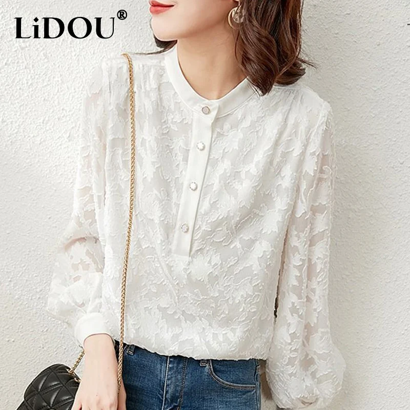 Top Trends: Spring Summer Ladies Stand Collar Jacquard Shirt Female Elegant Fashion Temperament Long Sleeve Cardigan Top Women White Blouse Shoppable Styles