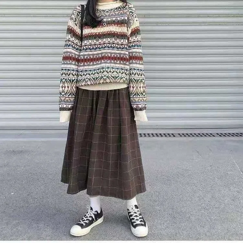 Top Trends: HOUZHOU Japanese Style Long Skirts Women 2023 Autumn Winter Plaid High Elastic Waist Loose A-line Pleated Skirt Vintage 2 Colors Shoppable Styles - Image 6