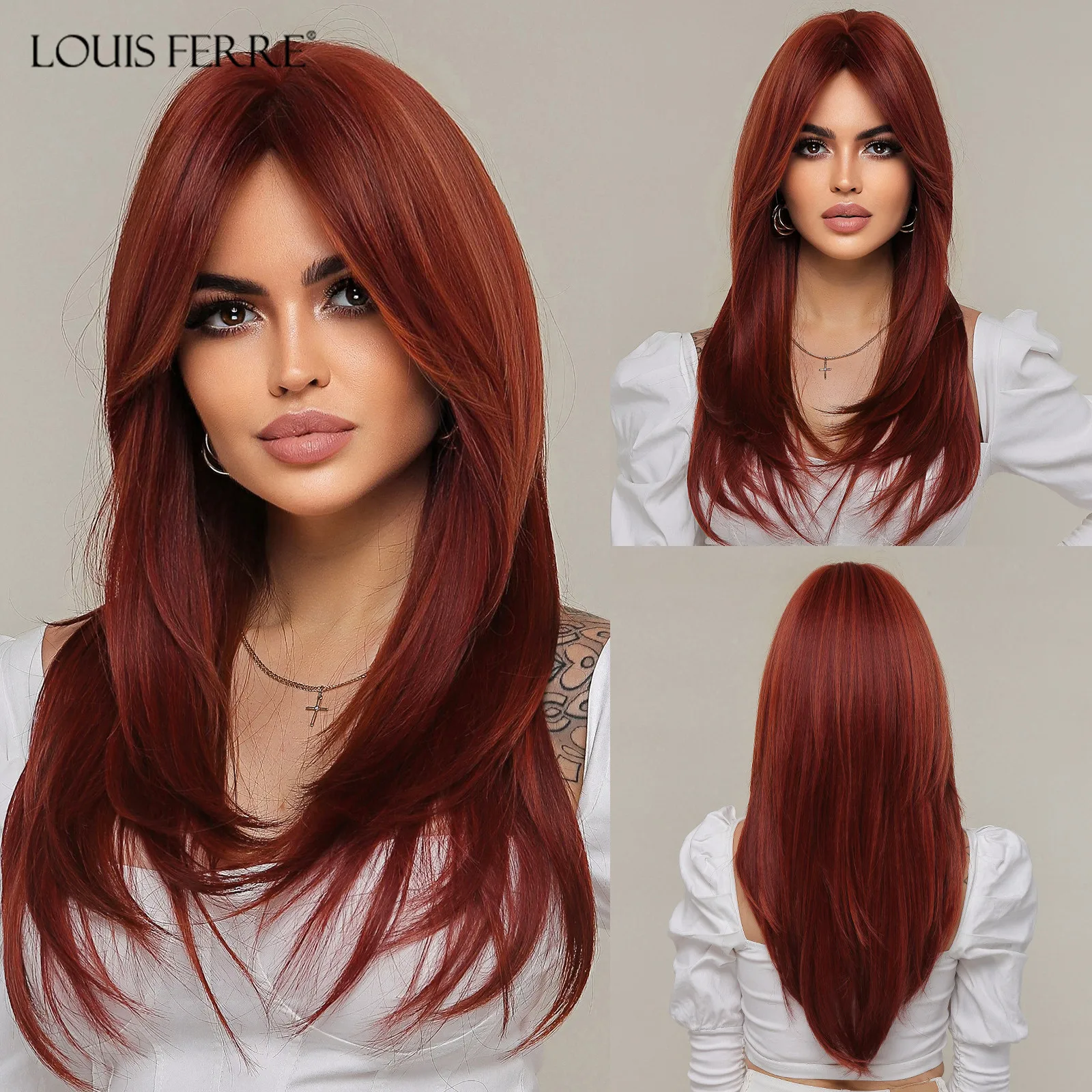 Top Trends: LOUIS FERRE Red Layered Synthetic Hair Wig Long Red Straight Wigs With Bangs Soft Natural Daily Party Use Heat Resistant Fiber Shoppable Styles