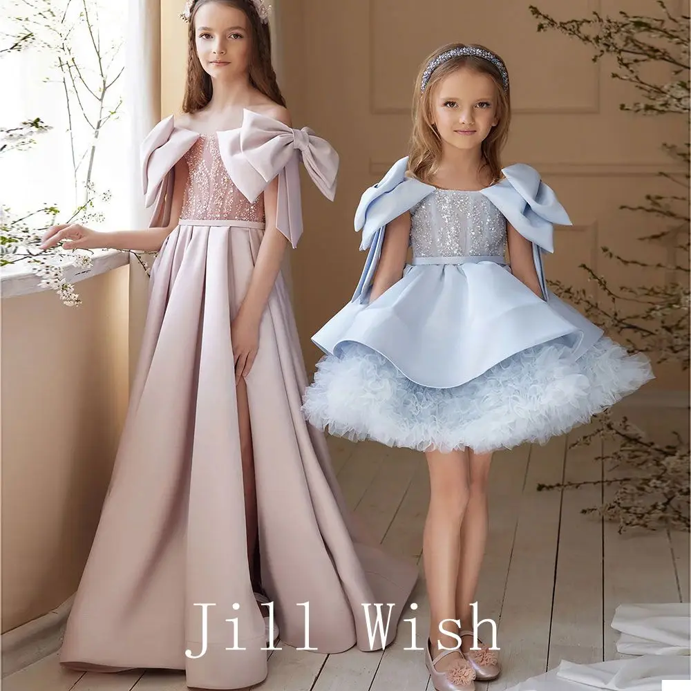 Top Trends: Jill Wish Luxury Elegant Pink Flower Girl Dress Bow Sequined Blue Princess Gown For Kids Wedding Birthday Communion Party J148 Shoppable Styles