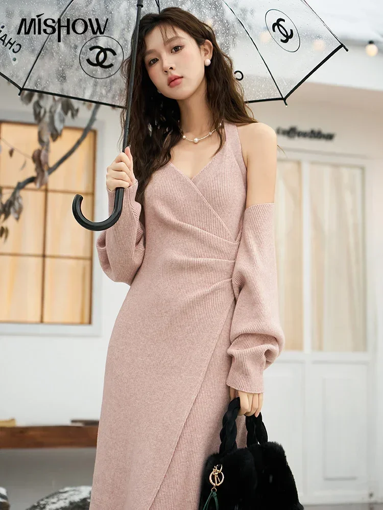 Top Trends: MISHOW Womens Knit Midi Dresses Autumn Winter 2 Piece Set 2023 Elegant Pretty Sexy Halter Dress Cardigan Suit Female MXC53T0155 Shoppable Styles