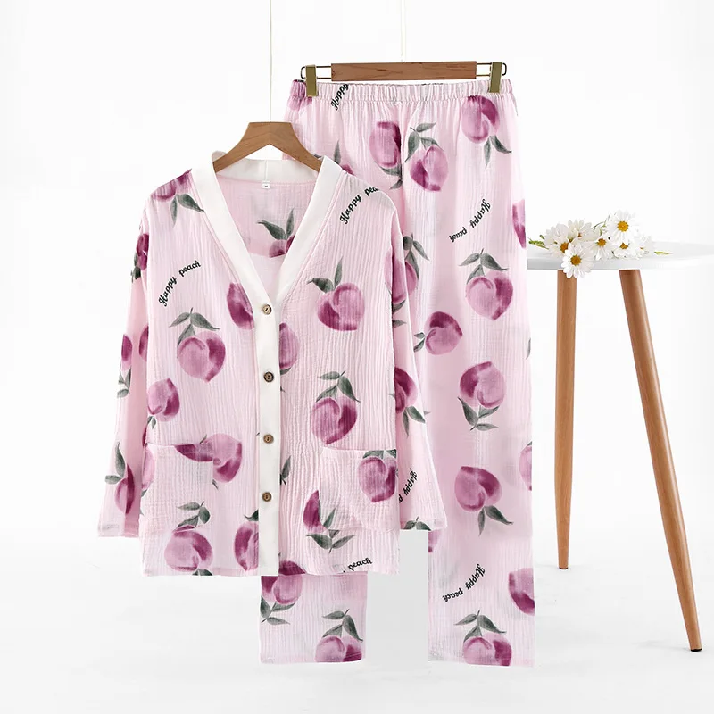 Top Trends: Japanese New Spring And Autumn Women's Pajamas Set Cotton Crepe Thin Long Sleeve Pants Two Piece Cute Cardigan Home Wear Pajama Shoppable Styles