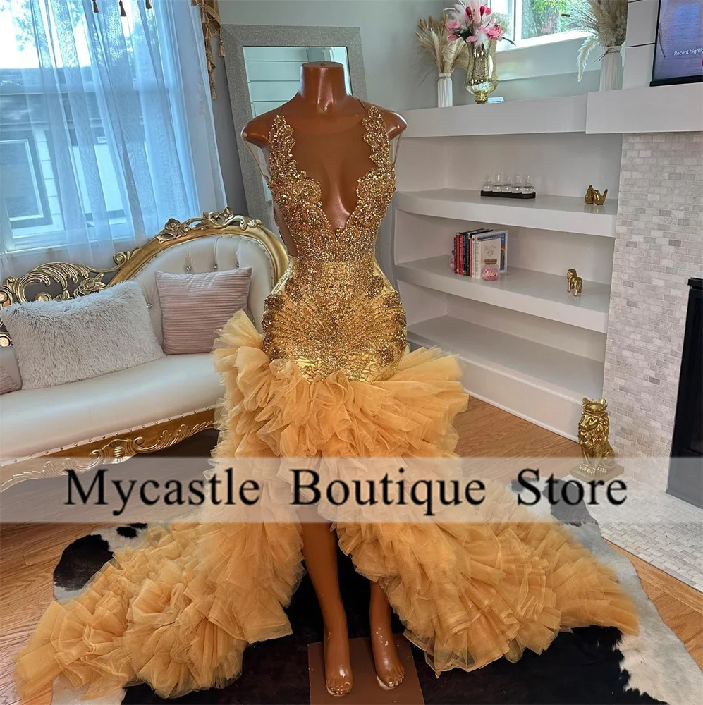 Top Trends: Luxury Gold Beaded Long Mermaid Prom Dress 2024 For Black Girl Crystals Ruffles Backless Evening Dresses Birthday Party Gowns Shoppable Styles