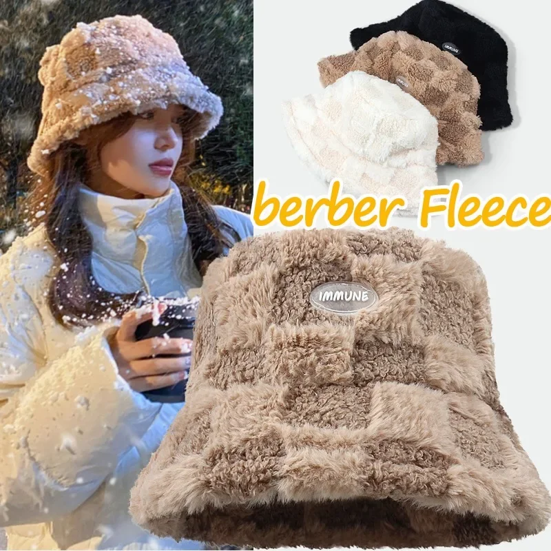 Top Trends: Lamb Plush Fisherman Hat Girl Fashion Berber Fleece Checkered Bucket Hat Winter Cold-proof Thicken Cap Outdoors Wide Brim Warmth Shoppable Styles