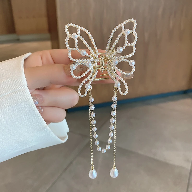 Top Trends: Vintage Butterfly Pearl Tassel Hair Claw Clip Women Korean Style Rhinestone Crab Shark Ponytail Hairpins Hair Accessories Female Shoppable Styles - Image 6